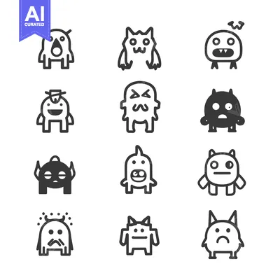 Aset desain premium: Set of Cartoon Monster Icons with Different Expressions