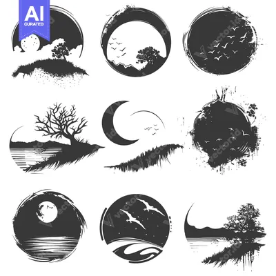 Aset premium populer: Set of Circular Nature Illustrations with Trees, Moon, and Birds