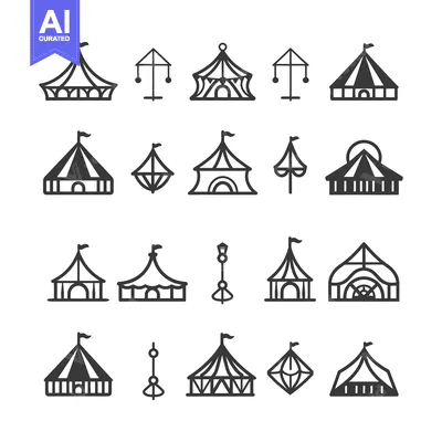 Set of Circus Tent and Carnival Icons in Black and White