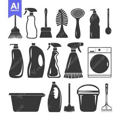 Aset desain premium: Set of Cleaning Supplies Icons in Black Silhouette