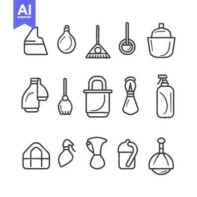Set of Cleaning Supply Icons in Outline Style