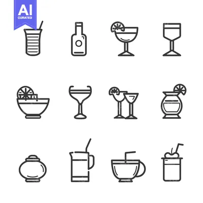 Set of Cocktail and Drink Icons in Line Style