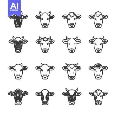 Set of Cow Heads in Black and White Line Art