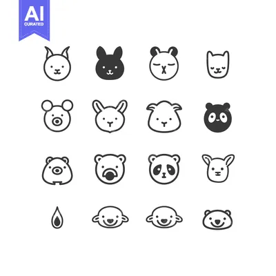 Aset desain premium: Set of Cute Animal Face Icons in Outline Style