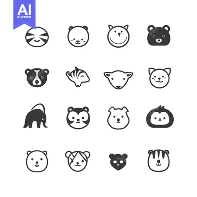 Set of Cute Animal Faces in Various Styles