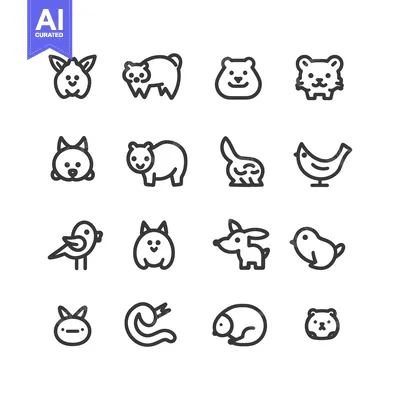 Set of Cute Animal Icons in Line Style