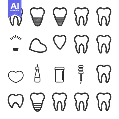 Set of Dental Icons Including Teeth, Implant, and Dental Tools