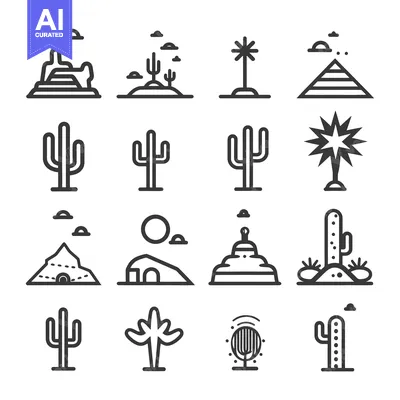 Aset premium populer: Set of Desert Icons Featuring Cacti, Mountains, and Clouds
