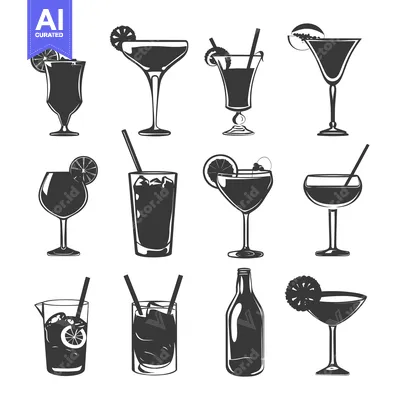 Aset premium populer: Set of Different Black and White Cocktail Glasses with Garnish
