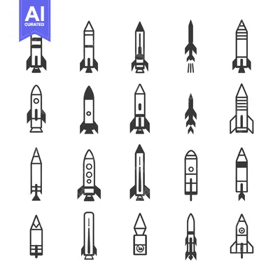 Set of Different Rocket Ship and Missile Icons in Black and White