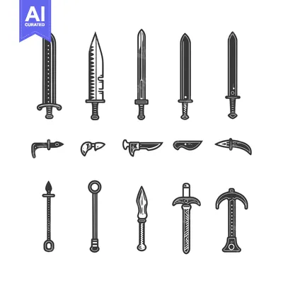 Aset desain premium: Set of Different Swords, Knives, and Spears