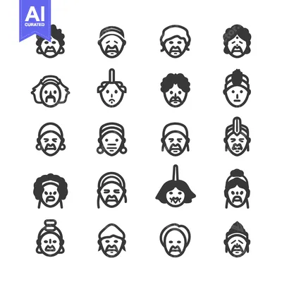 Aset desain premium: Set of Diverse Human Faces with Various Hairstyles and Headwear