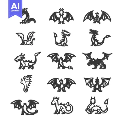 Set of dragon icons in various poses, with wings and tails