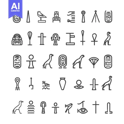 Set of Egyptian Hieroglyphic Symbols in Line Style