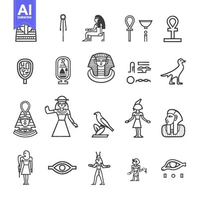 Set of Egyptian Mythology Symbols and Figures in Line Style