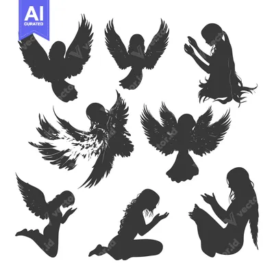 Set of eight angelic silhouettes in different poses