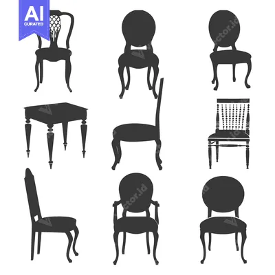 Premium design asset: Set of Eight Black and White Silhouettes of Chairs and a Table