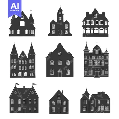 Set of Eight Black and White Silhouettes of Historic Buildings