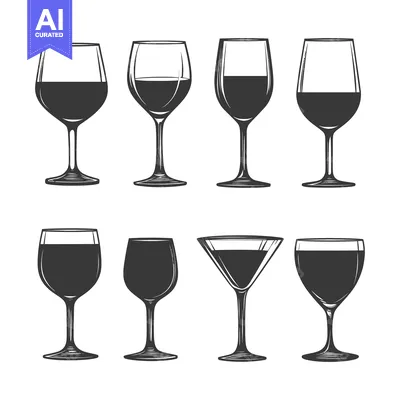 Set of Eight Different Wine Glasses with Liquid Inside