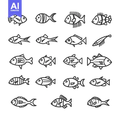 Aset premium populer: Set of Eighteen Line Drawings of Different Fish Species