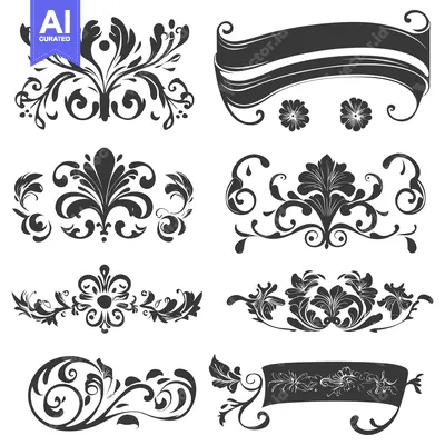 Set of eight ornate floral design elements