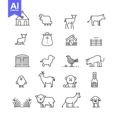 Set of Farm Animal and Rural Life Related Line Icons