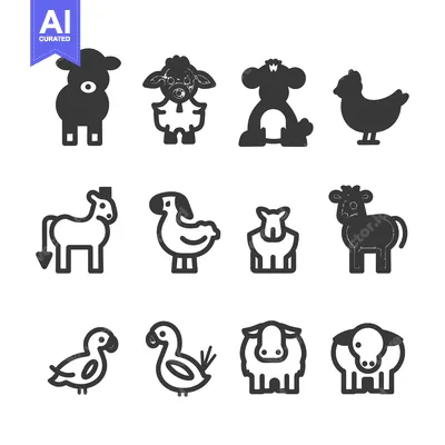 Set of Farm Animals Icons in Black and White