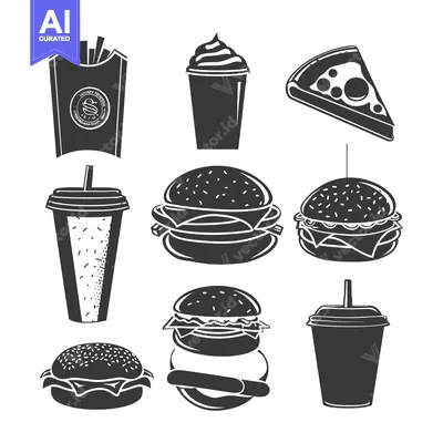 Set of Fast Food Icons Including Burgers, Fries, Drinks, and Pizza