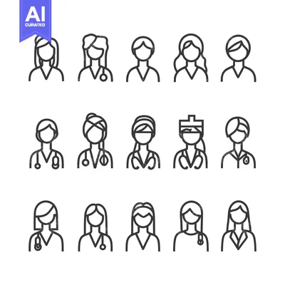 Aset desain premium: Set of Female Doctor and Nurse Line Icons