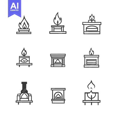 Aset desain premium: Set of Fireplace and Fire Icons in Line Style