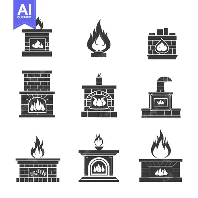 Aset desain premium: Set of Fireplace and Stove Icons in Black and White