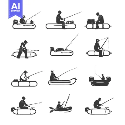 Set of Fishing Icons with People in Inflatable Boats