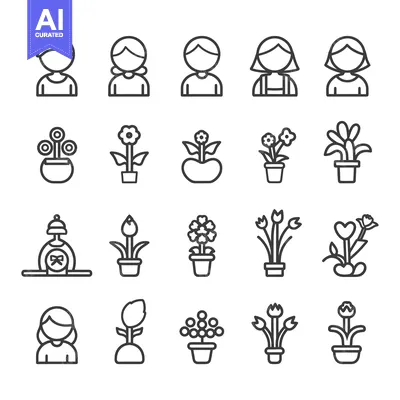 Aset premium populer: Set of Flower and People Line Icons
