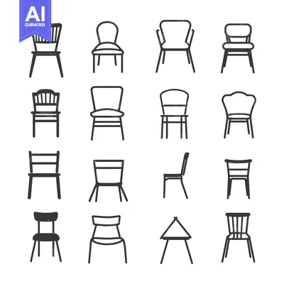 Premium design asset: Set of Fourteen Different Chair Designs, Black Outline on White Backgr