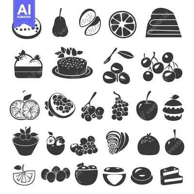 Aset desain premium: Set of Fruits and Cakes Black Silhouette Icons