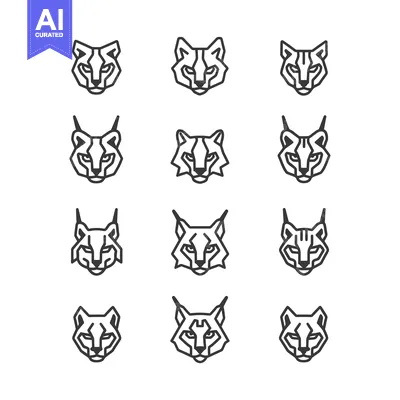Popular premium asset: Set of Geometric Lynx or Bobcat Animal Head Line Art Illustrations