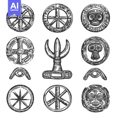 Aset desain premium: Set of Hand-Drawn Ancient Symbols and Designs