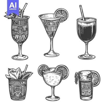 Set of Hand-Drawn Black and White Cocktail Illustrations
