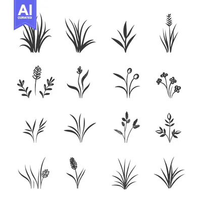 Popular premium asset: Set of Hand Drawn Black and White Grass and Flower Silhouettes