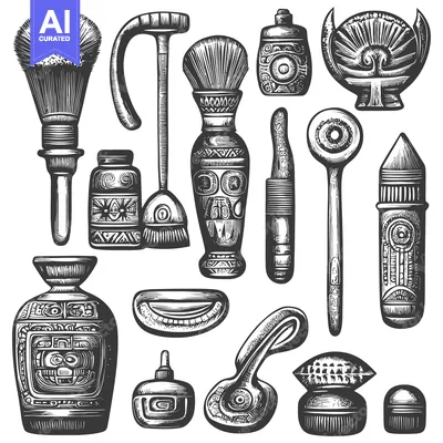 Popular premium asset: Set of Hand-Drawn Black and White Illustrations of Aztec-Style Tools a