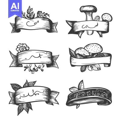 Premium design asset: Set of Hand Drawn Black and White Ribbons with Floral and Mushroom Dec