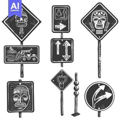 Aset desain premium: Set of Hand-Drawn Black and White Signs with Mayan Motifs