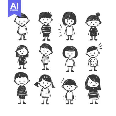 Aset premium populer: Set of Hand-Drawn Cartoon Children with Different Hairstyles and Outfi