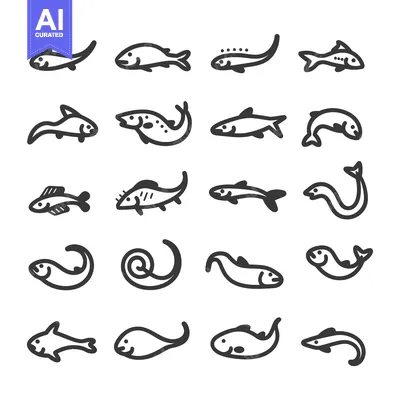 Aset premium populer: Set of Hand-Drawn Fish Illustrations in Black Outline
