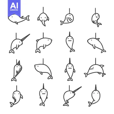 Aset premium populer: Set of Hanging Narwhal and Whale Line Icons