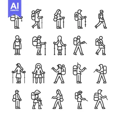 Aset desain premium: Set of Hiking People Line Icons
