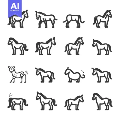 Aset desain premium: Set of Horse and Unicorn Icons in Various Poses