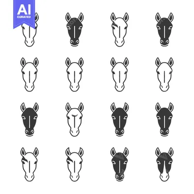 Aset desain premium: Set of Horse Heads in Outline and Solid Black Styles