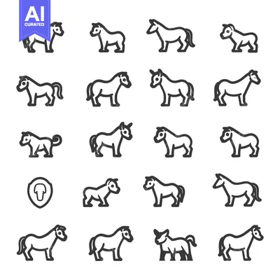 Set of Horse Icons in Black and White