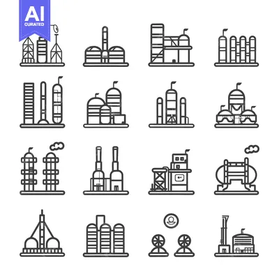 Set of Industrial and Refinery Plant Icon Line Style